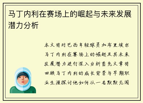 马丁内利在赛场上的崛起与未来发展潜力分析